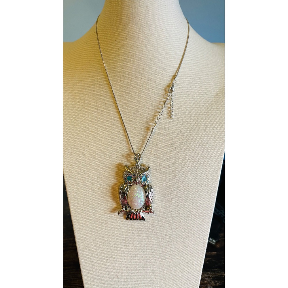 Paparazzi Owl Necklace and Earrings Set Silver Tone Faux Opal Blue‎ Rhinestone
